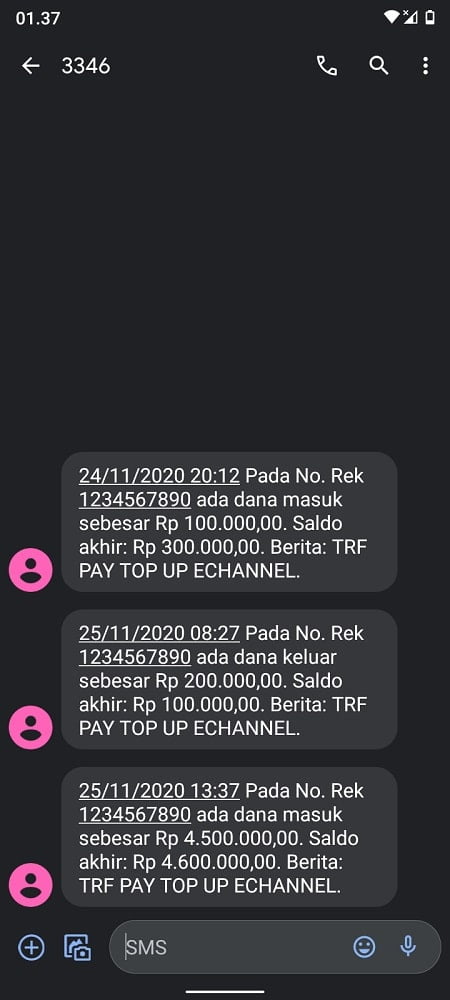 Contoh SMS notifikasi BNI